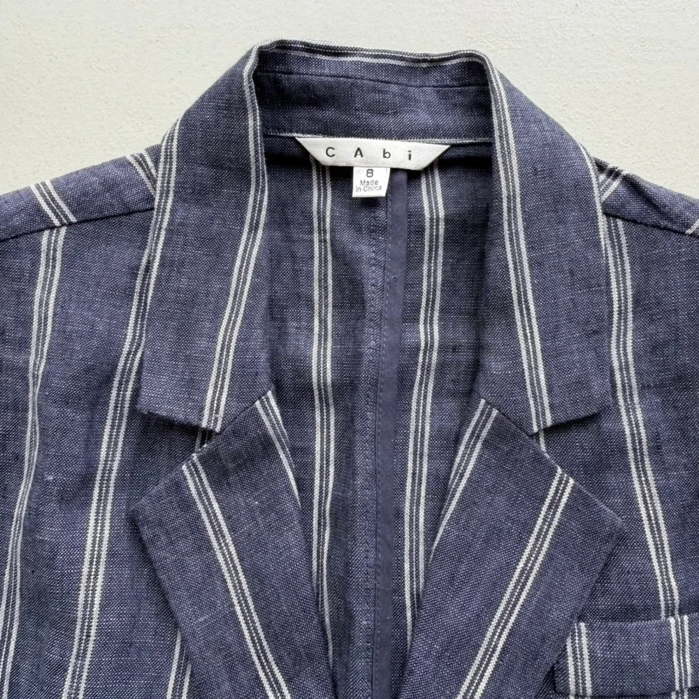Cabi Women 8 Navy Blue White Stripe 100% Linen Anchor Button Blazer 871 Nautical